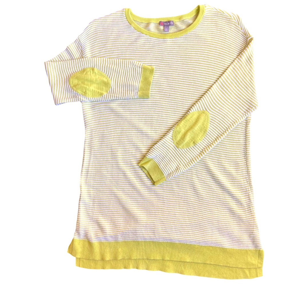 Talbots Striped Tunic‎ Sweater in Kiwi/White Elbow Patches 3/4 Sleeve Sz Small P